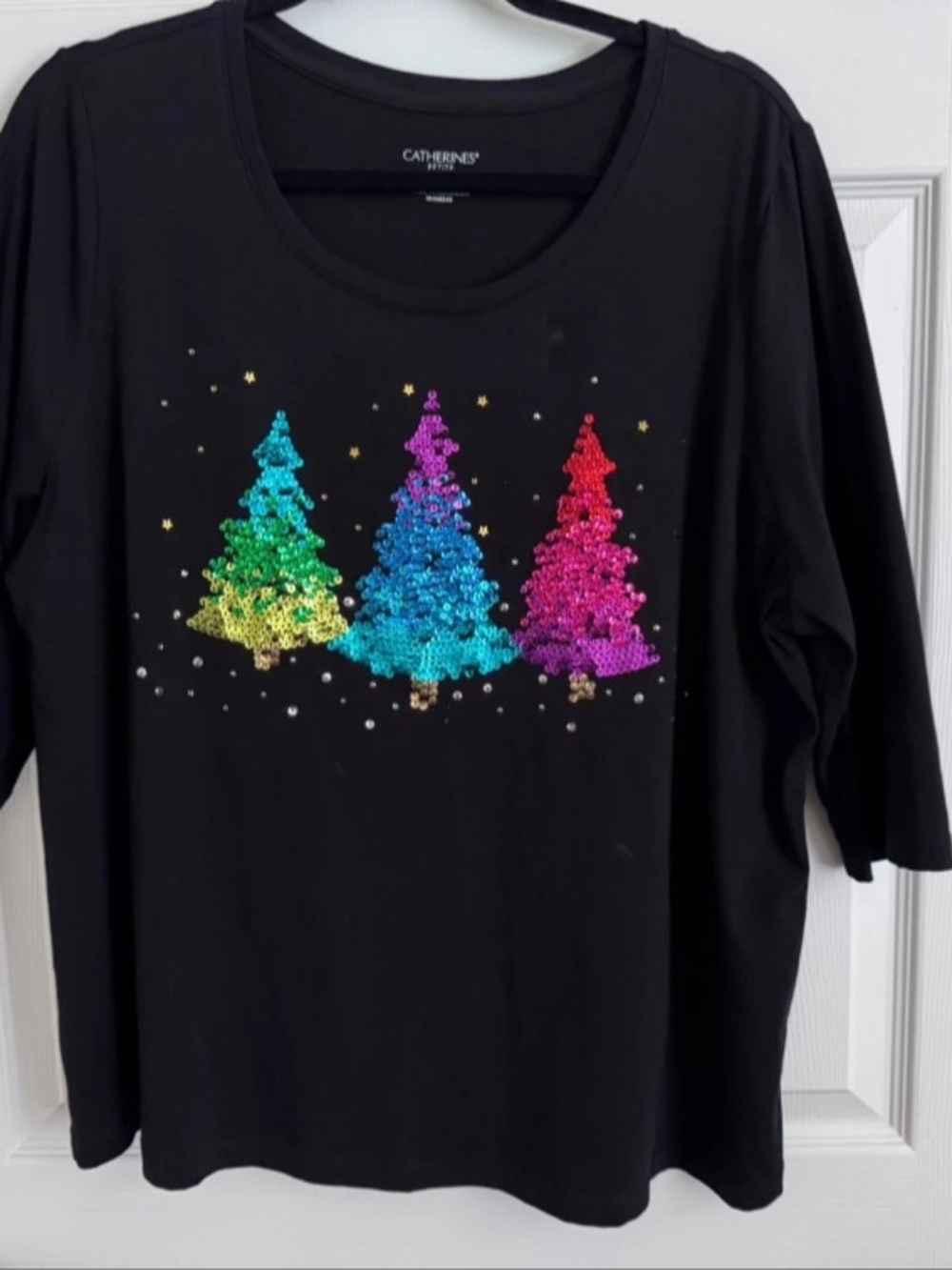 Catherines Black Long Sleeve Tee with Sequined Rainbow Trees